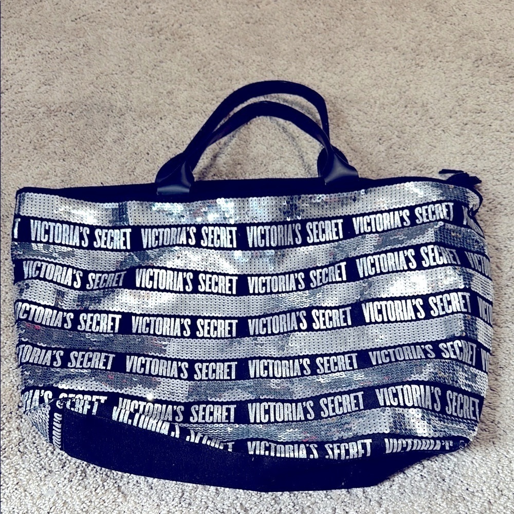 Victoria Secret Black and Silver Sequin Tote Shoulder Bag